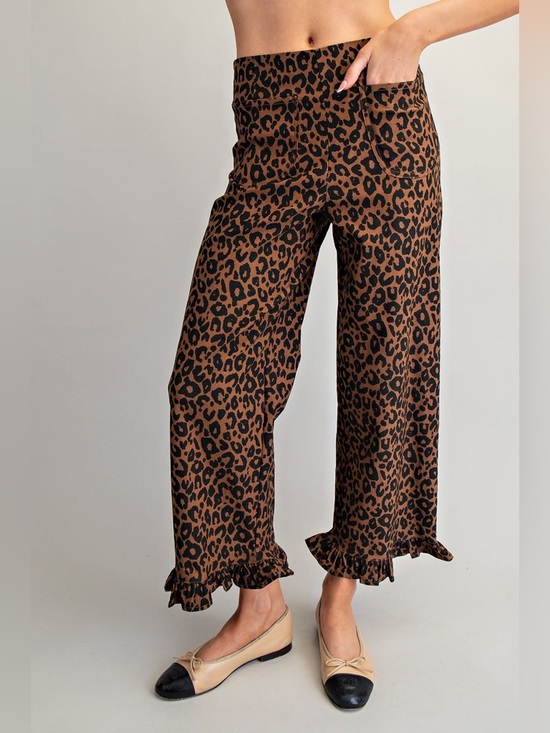 eesome Pants - Leopard Ruffle Hem Straight Leg Cropped Pants - eesome